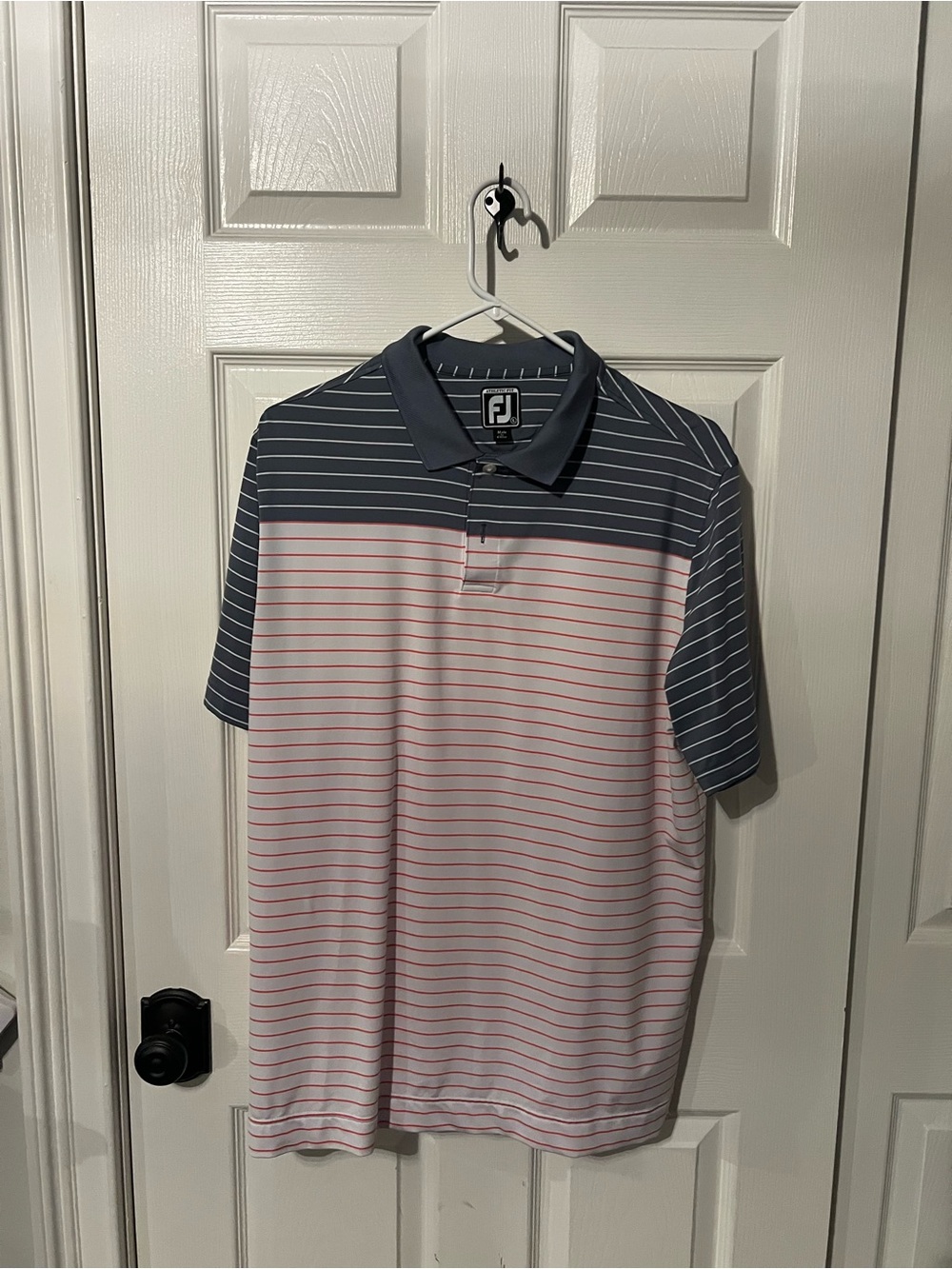 FootJoy Men's Navy and Light Pink Striped Polo